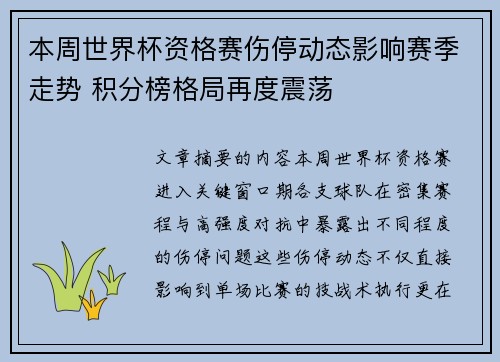 本周世界杯资格赛伤停动态影响赛季走势 积分榜格局再度震荡